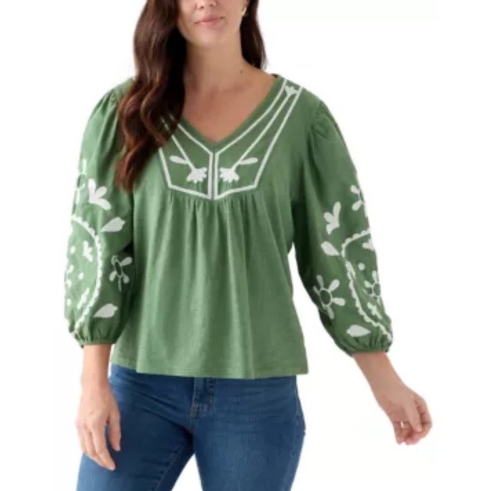 Wonderly Green Embroidered Puff Sleeve Bohemian 3/4 Sleeve Top - Large